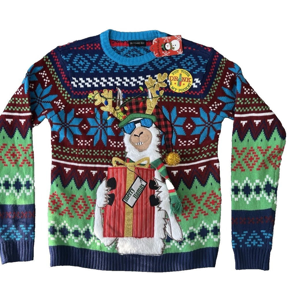 NEW Blizzard Bay LAMA antlers whimsical Drink Holder Ugly Christmas Sweater Med